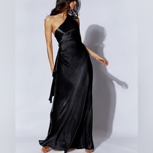 Black one-shoulder satin dress